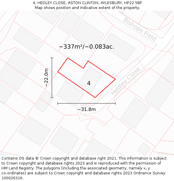 4, HEDLEY CLOSE, ASTON CLINTON, AYLESBURY, HP22 5BF: Plot and title map