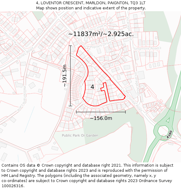 4, LOVENTOR CRESCENT, MARLDON, PAIGNTON, TQ3 1LT: Plot and title map