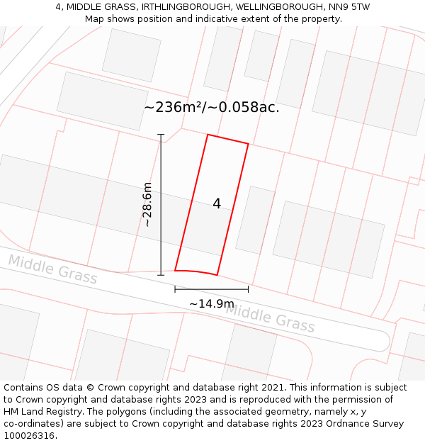4, MIDDLE GRASS, IRTHLINGBOROUGH, WELLINGBOROUGH, NN9 5TW: Plot and title map
