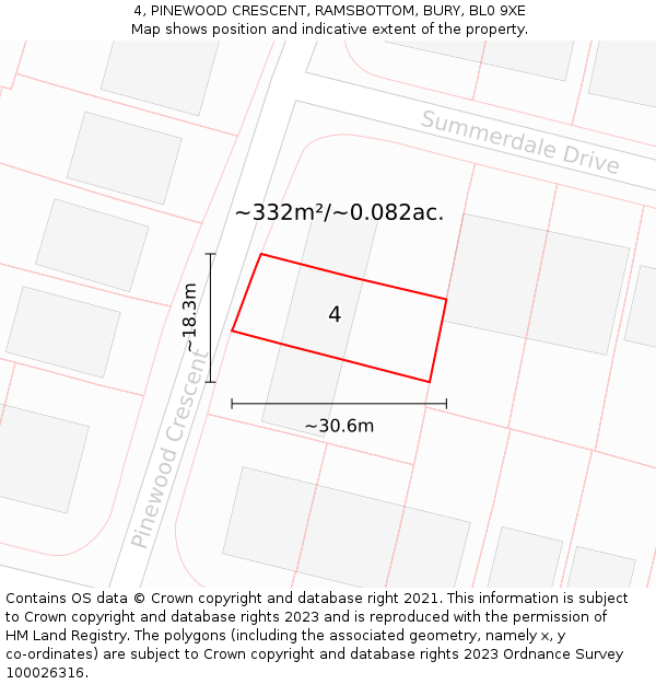 4, PINEWOOD CRESCENT, RAMSBOTTOM, BURY, BL0 9XE: Plot and title map