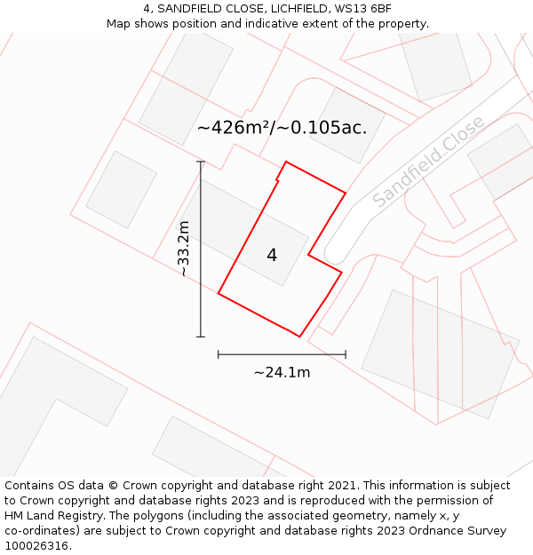 4, SANDFIELD CLOSE, LICHFIELD, WS13 6BF: Plot and title map