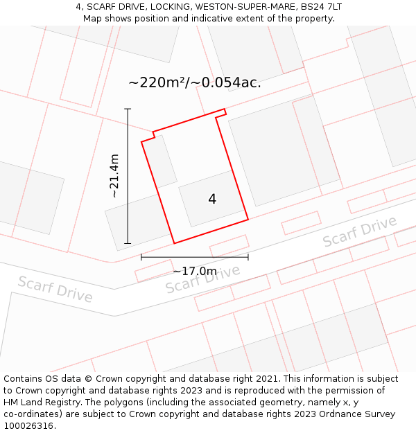 4, SCARF DRIVE, LOCKING, WESTON-SUPER-MARE, BS24 7LT: Plot and title map
