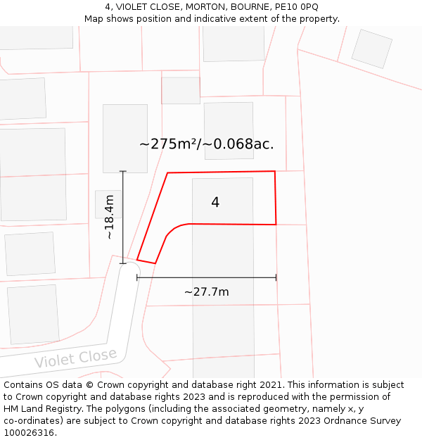 4, VIOLET CLOSE, MORTON, BOURNE, PE10 0PQ: Plot and title map