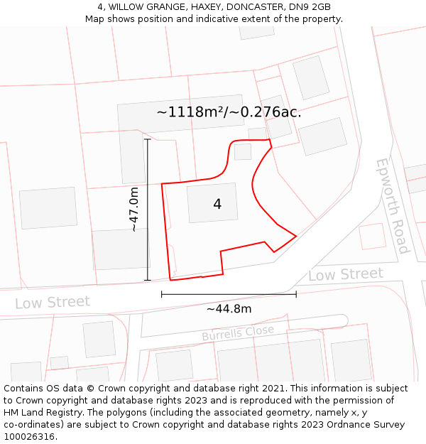 4, WILLOW GRANGE, HAXEY, DONCASTER, DN9 2GB: Plot and title map