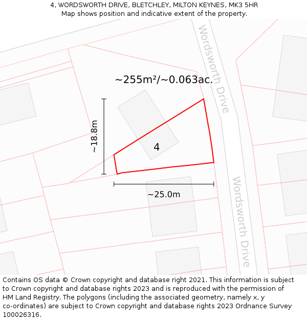 4, WORDSWORTH DRIVE, BLETCHLEY, MILTON KEYNES, MK3 5HR: Plot and title map