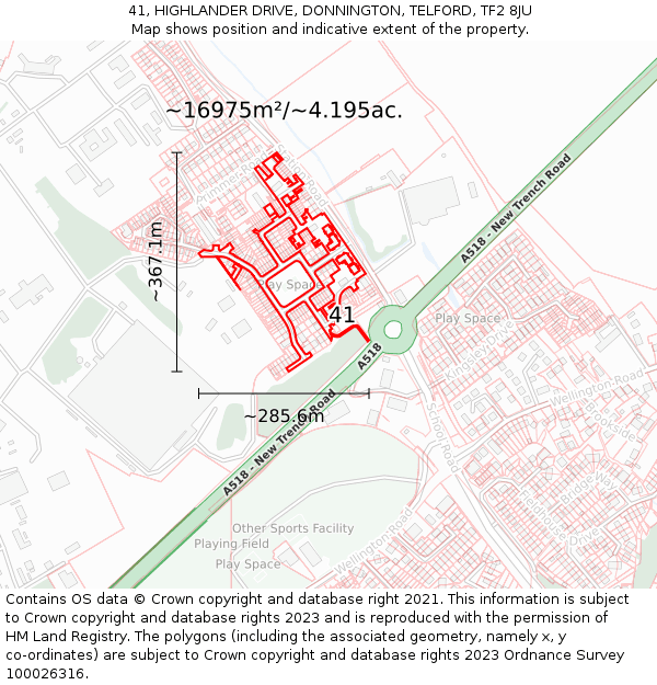 41, HIGHLANDER DRIVE, DONNINGTON, TELFORD, TF2 8JU: Plot and title map