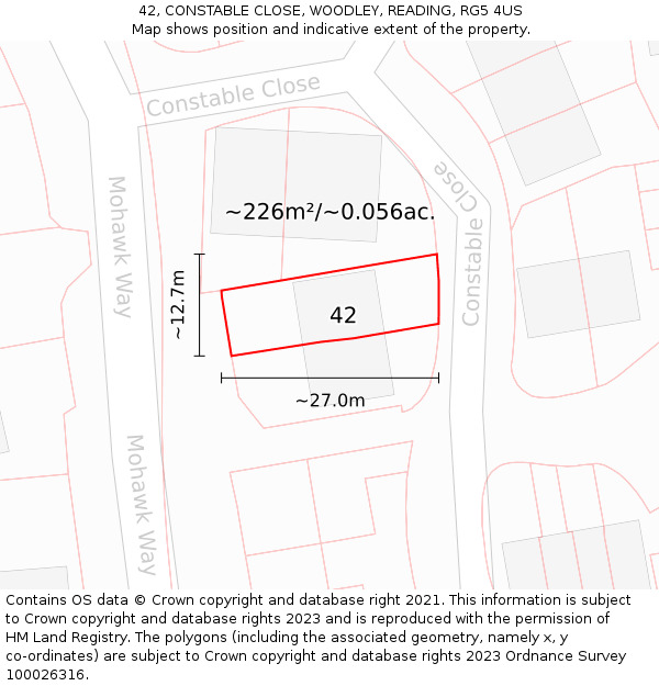42, CONSTABLE CLOSE, WOODLEY, READING, RG5 4US: Plot and title map