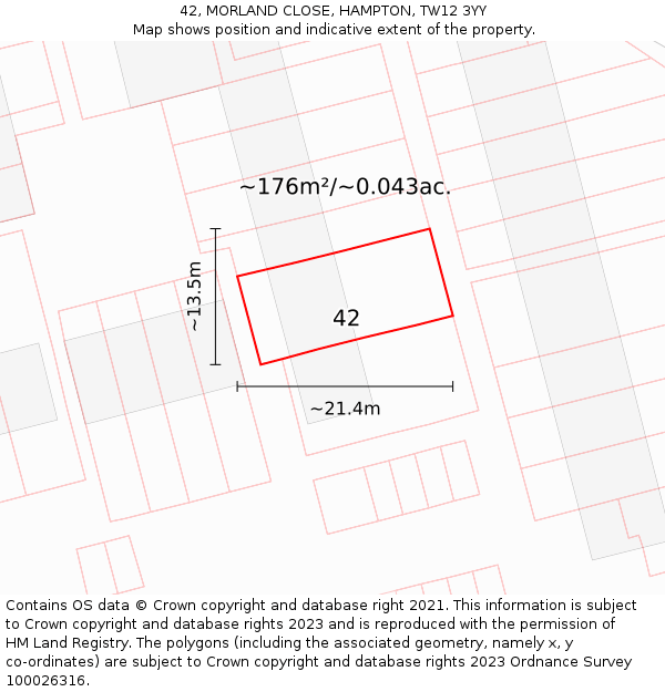 42, MORLAND CLOSE, HAMPTON, TW12 3YY: Plot and title map