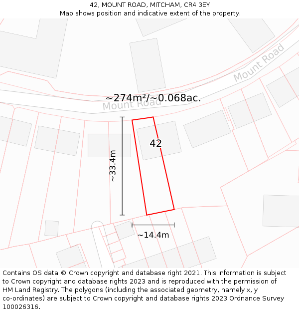 42, MOUNT ROAD, MITCHAM, CR4 3EY: Plot and title map