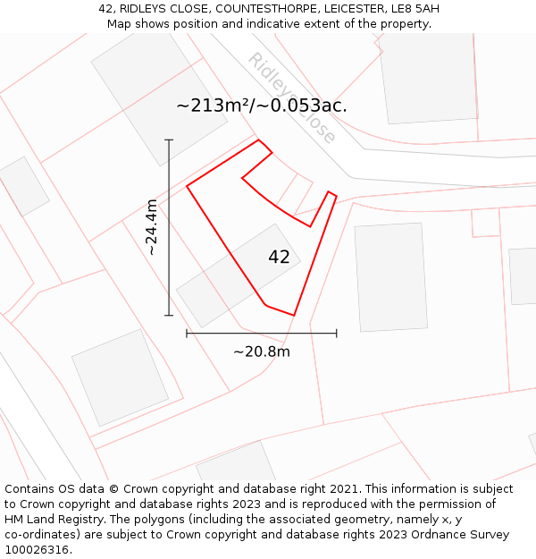 42, RIDLEYS CLOSE, COUNTESTHORPE, LEICESTER, LE8 5AH: Plot and title map