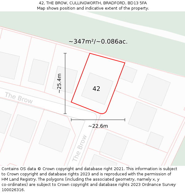 42, THE BROW, CULLINGWORTH, BRADFORD, BD13 5FA: Plot and title map