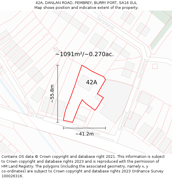 42A, DANLAN ROAD, PEMBREY, BURRY PORT, SA16 0UL: Plot and title map