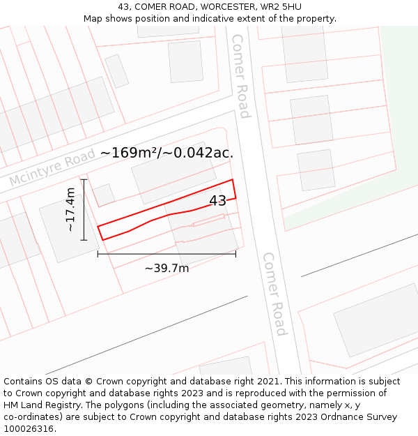 43, COMER ROAD, WORCESTER, WR2 5HU: Plot and title map