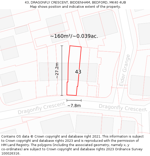 43, DRAGONFLY CRESCENT, BIDDENHAM, BEDFORD, MK40 4UB: Plot and title map