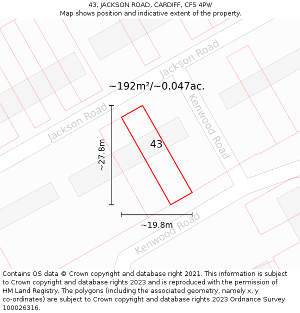 43, JACKSON ROAD, CARDIFF, CF5 4PW: Plot and title map