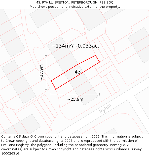 43, PYHILL, BRETTON, PETERBOROUGH, PE3 8QQ: Plot and title map