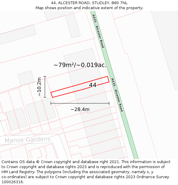 44, ALCESTER ROAD, STUDLEY, B80 7NL: Plot and title map