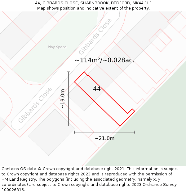 44, GIBBARDS CLOSE, SHARNBROOK, BEDFORD, MK44 1LF: Plot and title map