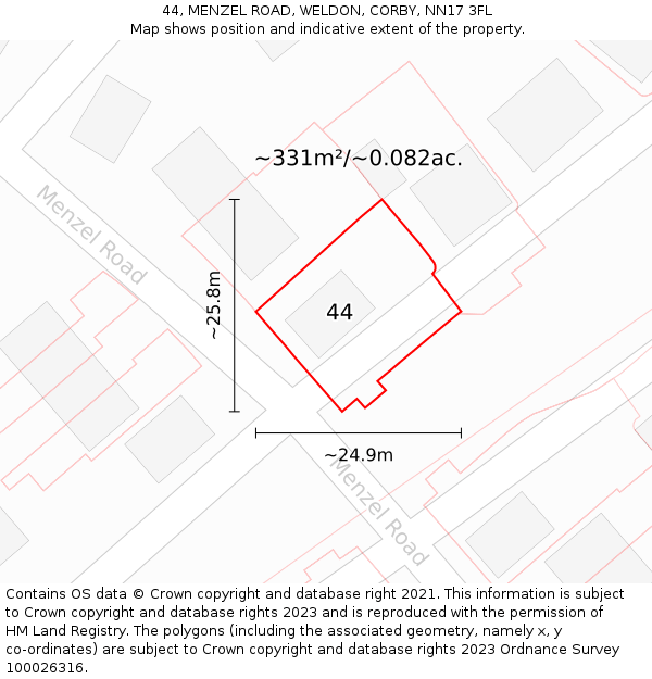 44, MENZEL ROAD, WELDON, CORBY, NN17 3FL: Plot and title map