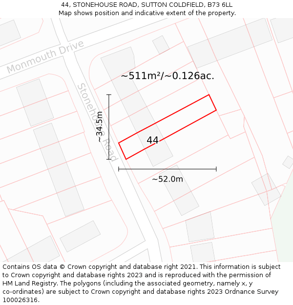 44, STONEHOUSE ROAD, SUTTON COLDFIELD, B73 6LL: Plot and title map
