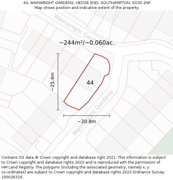 44, WAINWRIGHT GARDENS, HEDGE END, SOUTHAMPTON, SO30 2NF: Plot and title map