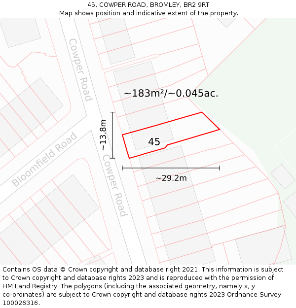 45, COWPER ROAD, BROMLEY, BR2 9RT: Plot and title map