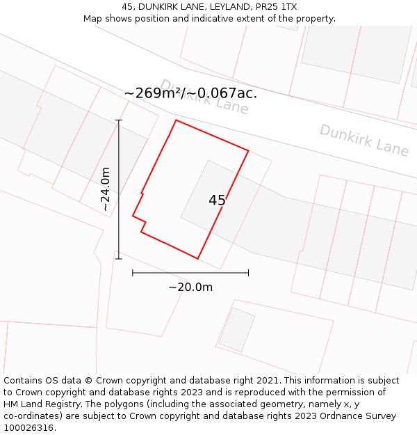 45, DUNKIRK LANE, LEYLAND, PR25 1TX: Plot and title map