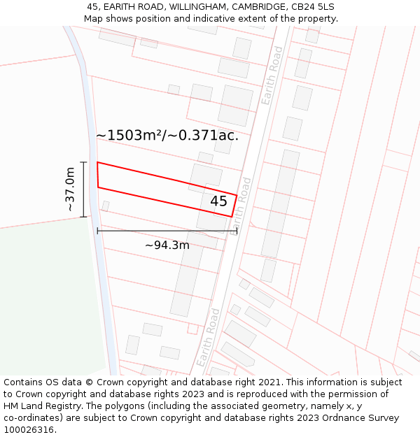 45, EARITH ROAD, WILLINGHAM, CAMBRIDGE, CB24 5LS: Plot and title map