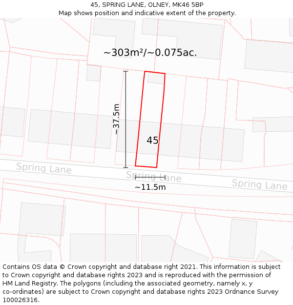 45, SPRING LANE, OLNEY, MK46 5BP: Plot and title map