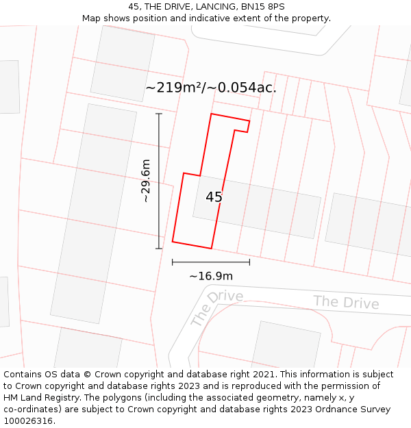 45, THE DRIVE, LANCING, BN15 8PS: Plot and title map