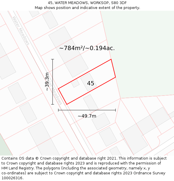45, WATER MEADOWS, WORKSOP, S80 3DF: Plot and title map