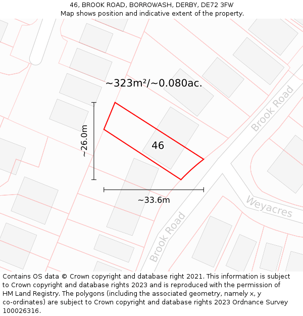 46, BROOK ROAD, BORROWASH, DERBY, DE72 3FW: Plot and title map