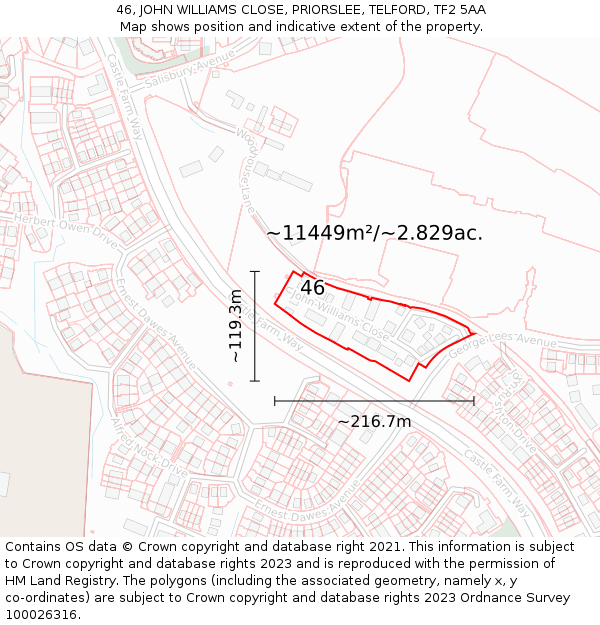 46, JOHN WILLIAMS CLOSE, PRIORSLEE, TELFORD, TF2 5AA: Plot and title map