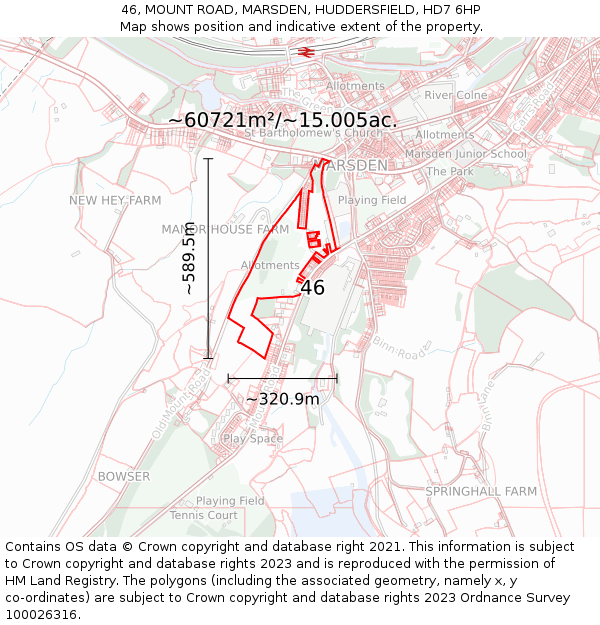 46, MOUNT ROAD, MARSDEN, HUDDERSFIELD, HD7 6HP: Plot and title map