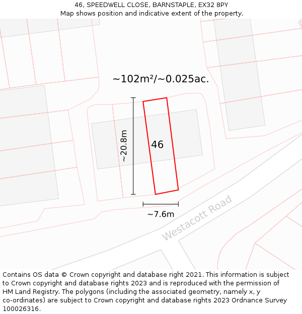 46, SPEEDWELL CLOSE, BARNSTAPLE, EX32 8PY: Plot and title map