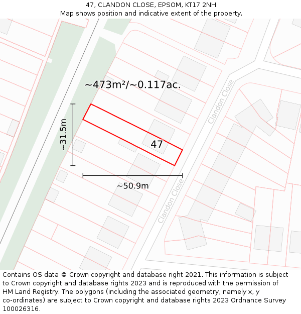 47, CLANDON CLOSE, EPSOM, KT17 2NH: Plot and title map