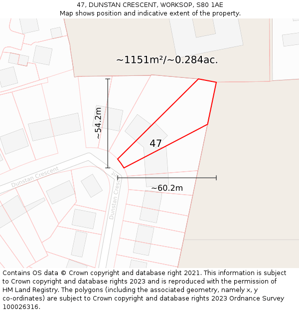 47, DUNSTAN CRESCENT, WORKSOP, S80 1AE: Plot and title map