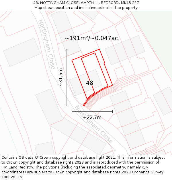 48, NOTTINGHAM CLOSE, AMPTHILL, BEDFORD, MK45 2FZ: Plot and title map