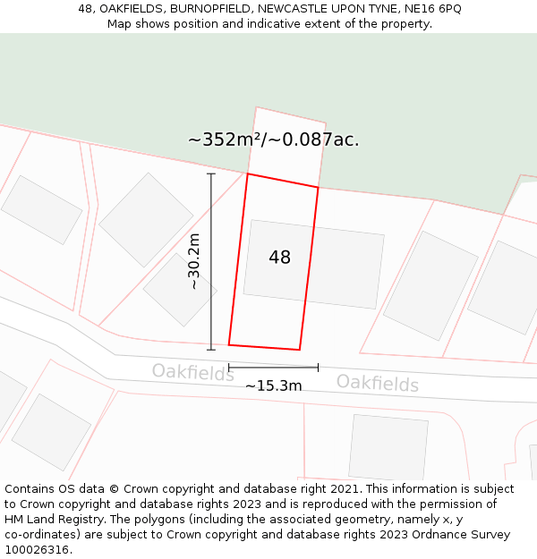 48, OAKFIELDS, BURNOPFIELD, NEWCASTLE UPON TYNE, NE16 6PQ: Plot and title map