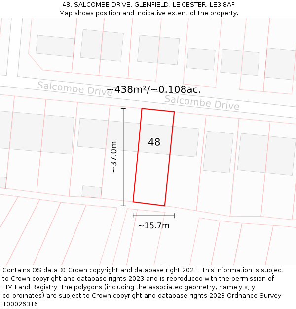 48, SALCOMBE DRIVE, GLENFIELD, LEICESTER, LE3 8AF: Plot and title map