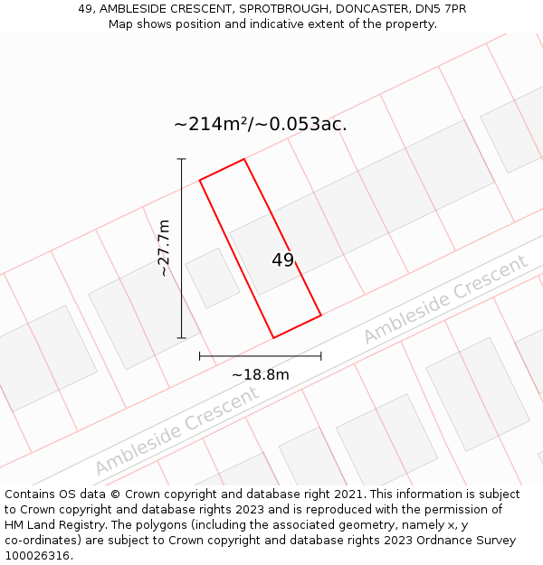 49, AMBLESIDE CRESCENT, SPROTBROUGH, DONCASTER, DN5 7PR: Plot and title map