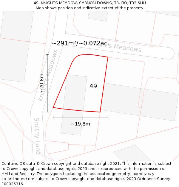 49, KNIGHTS MEADOW, CARNON DOWNS, TRURO, TR3 6HU: Plot and title map