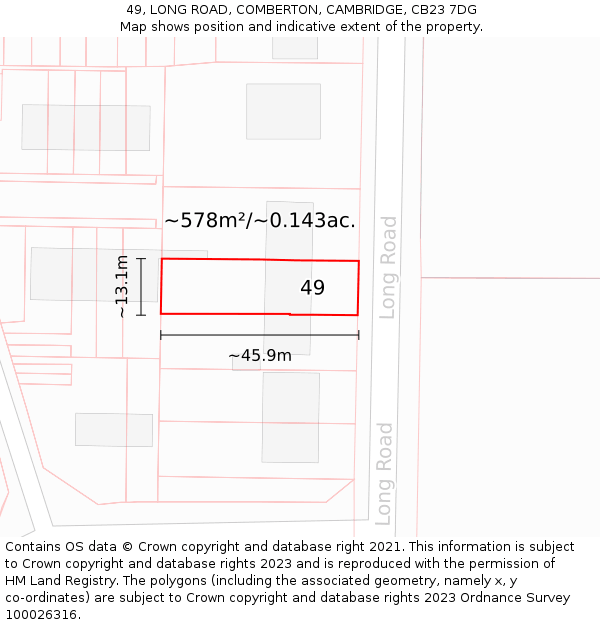49, LONG ROAD, COMBERTON, CAMBRIDGE, CB23 7DG: Plot and title map