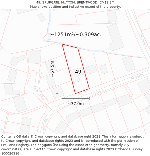 49, SPURGATE, HUTTON, BRENTWOOD, CM13 2JT: Plot and title map