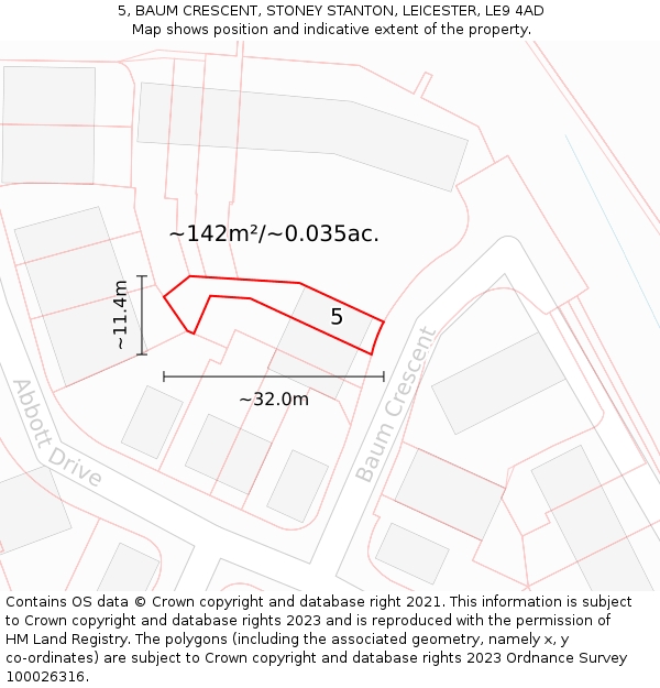 5, BAUM CRESCENT, STONEY STANTON, LEICESTER, LE9 4AD: Plot and title map