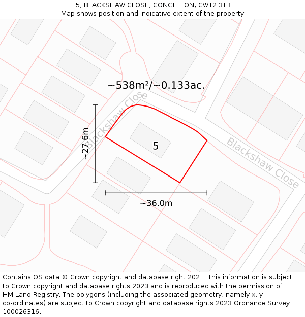 5, BLACKSHAW CLOSE, CONGLETON, CW12 3TB: Plot and title map