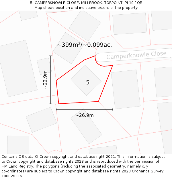 5, CAMPERKNOWLE CLOSE, MILLBROOK, TORPOINT, PL10 1QB: Plot and title map
