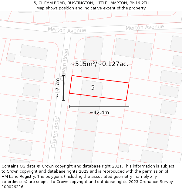 5, CHEAM ROAD, RUSTINGTON, LITTLEHAMPTON, BN16 2EH: Plot and title map