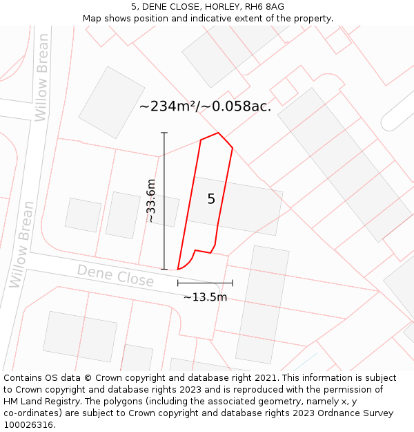 5, DENE CLOSE, HORLEY, RH6 8AG: Plot and title map