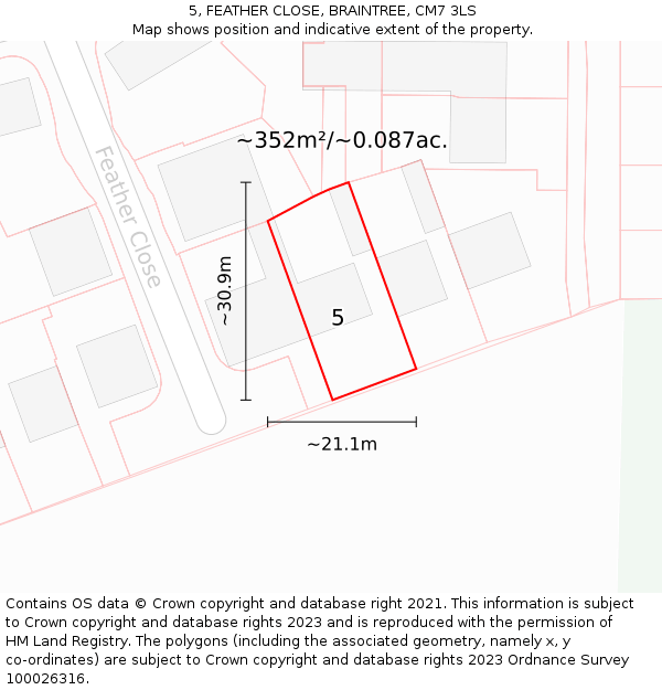 5, FEATHER CLOSE, BRAINTREE, CM7 3LS: Plot and title map